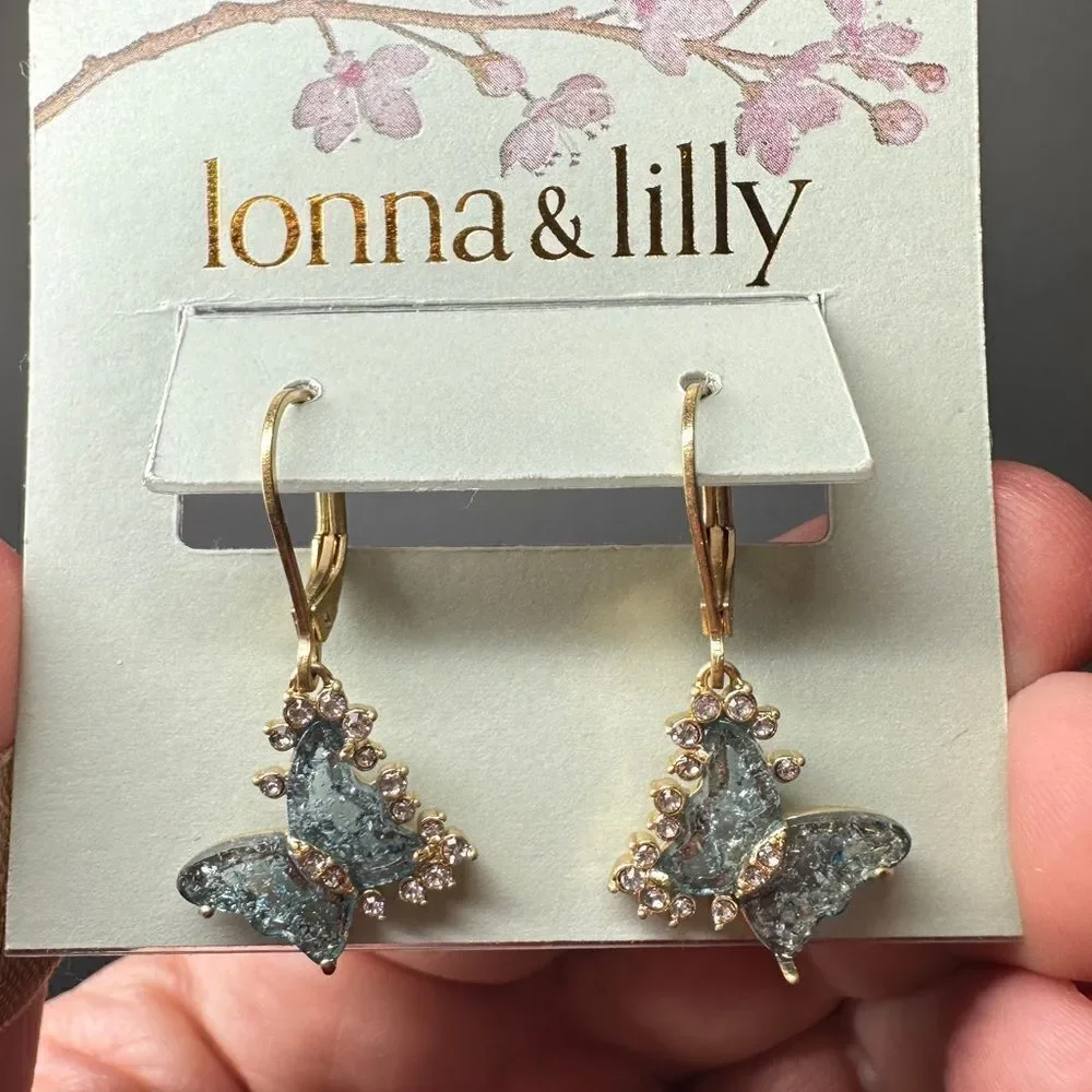 NWT lonna & lilly butterfly and rhinestones in gold tone dangle earrings!‎